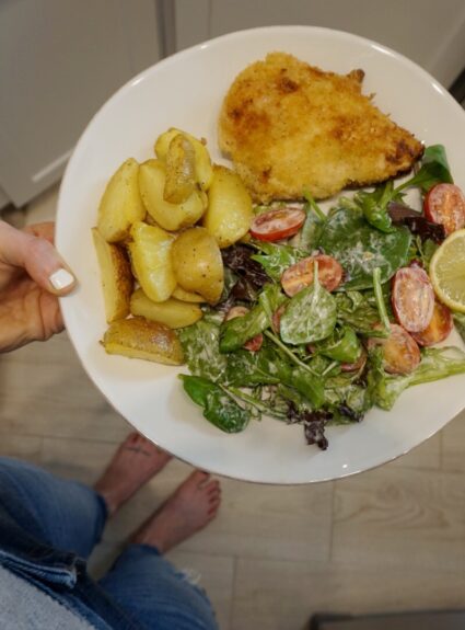 Zesty Breaded Chicken Breasts with Roasted Potatoes and Creamy Mixed Greens